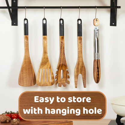 Wood Cooking Utensils Set, 5 PCS Wooden Spoons for Cooking Includes Stainless/Wood Kitchen Tongs, Non-Stick Wooden Utensil Set with Innovative Finger Groove & Non-Slip Notch Design, Black9