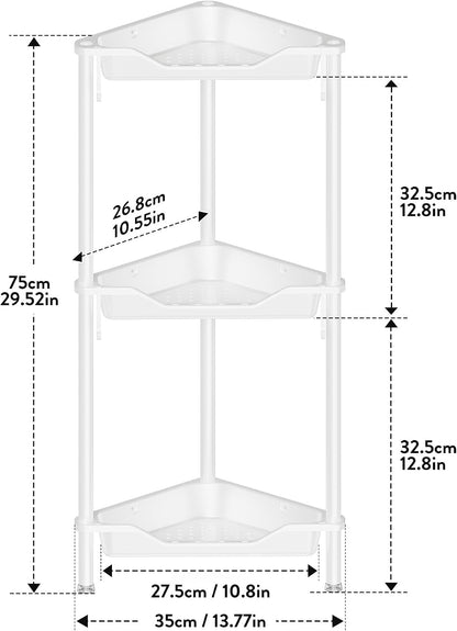 Rustproof 3 Tier Floor Standing Corner Shower Caddy Organizer, Plastic Aluminium Splicing Floor Corner Shelf Rack Stands for Bathroom, White2