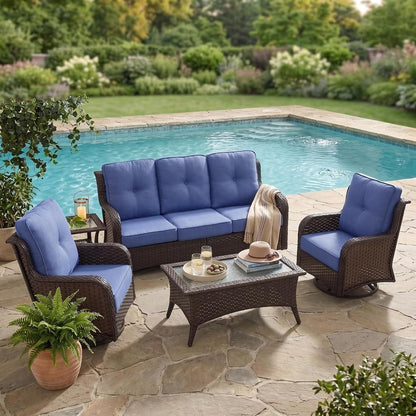 5 Piece Wicker Patio Furniture Set, High Back Outdoor Couch with Swivel Chairs & Coffee Table, 6" Thick Cushion Patio Conversation Sets with Deep Seating for Yard, Deck (Blue)1