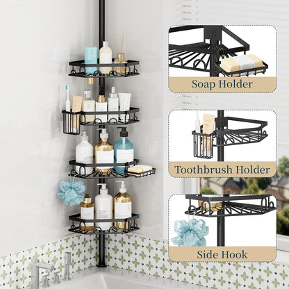Shower Caddy Tension Pole - 4 Tier Corner Shower Shelves with Brush & Soap Holder, 304 Stainless Steel Rustproof Adjustable Organizer Rack for Bathtub, Bathroom, 27.6-108.3 Inch, Black3