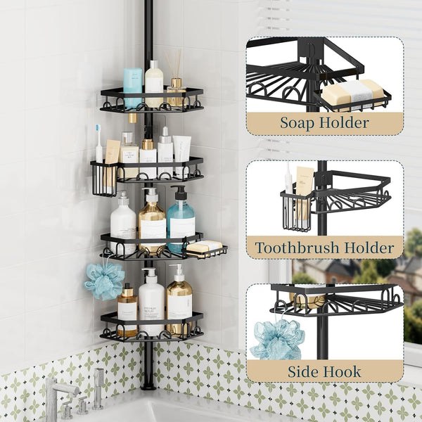 Shower Caddy Tension Pole - 4 Tier Corner Shower Shelves with Brush & Soap Holder, 304 Stainless Steel Rustproof Adjustable Organizer Rack for Bathtub, Bathroom, 27.6-108.3 Inch, Black3