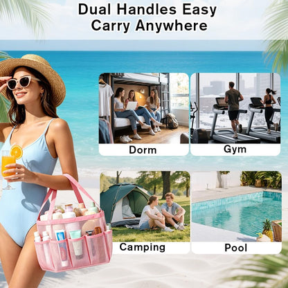 Mesh Shower Caddy Portable for College Dorm Room Essentials, Large Foldable Camp Travel Shower Bag with 9 Pockets, Quick Dry Bathroom Toiletry Tote Bag for Beach Swimming Gym Women Girl (Pink)8