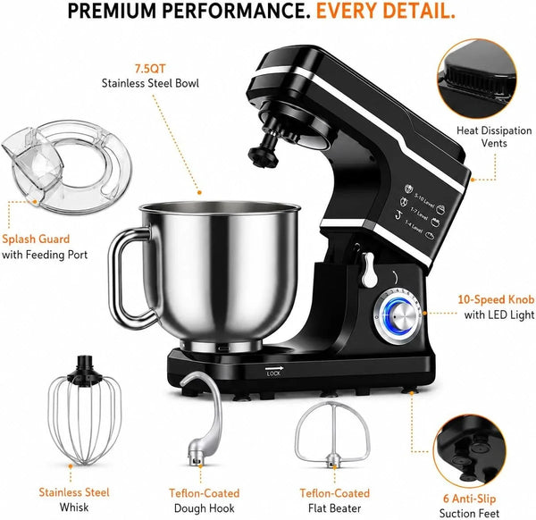 7.5 QT Stand Mixer, 10-Speed Tilt-Head Electric Mixer with Stainless Steel Bowl, Dough Hook, Whisk, Beater, Splash Guard – Powerful 660W Motor for Baking, Whipping & Mixing, Black8