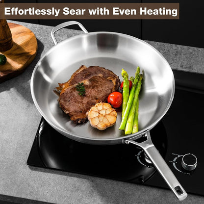 Stainless Steel Pan,14 Inch Frying Pan, Heavy Duty, Large Frying Pan, Fast & Even Heating, up to 650°, Oven & Dishwasher Safe,Compatible with All Cooktops5