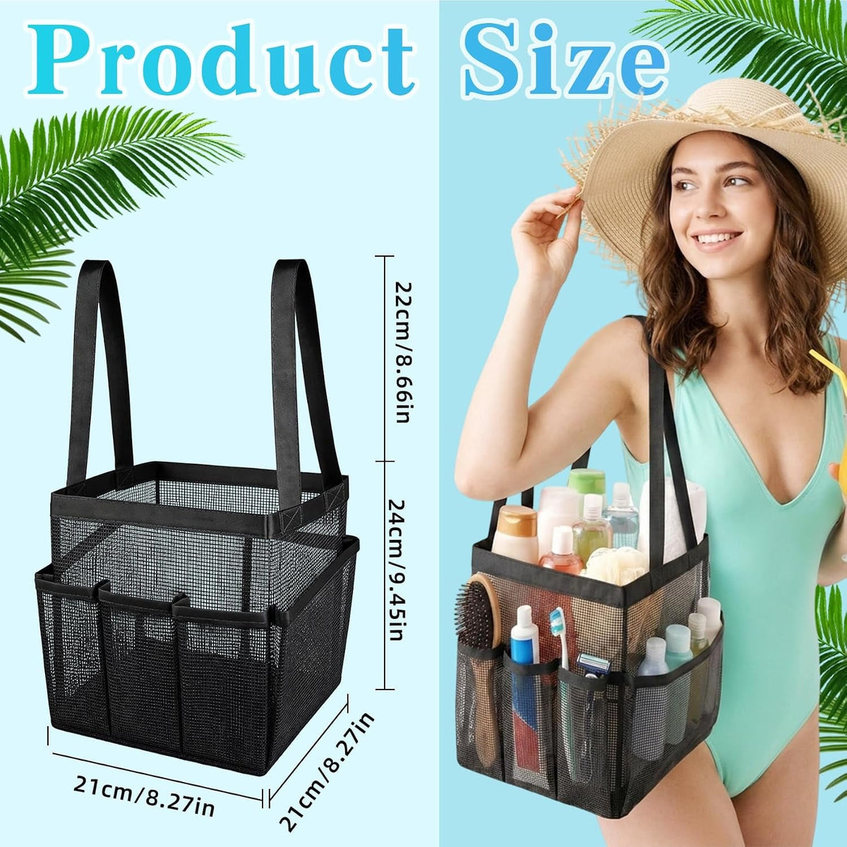 mesh-shower-caddy-portable-black-beach-tote-bag-for-bathroom-dorm-essentials-quick-dry-toiletry-organizer-large-with-2-handles-9-pockets-for-swim-pool-gym-college-camp-travel-women-men-basket-bag