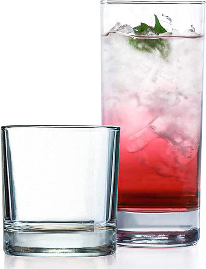 Everyday Drinking Glasses Set of 8 Drinkware Hurricane Glasses, Kitchen Glasses for Cocktail, Iced Coffee, Beer, Ice Tea, Wine, Whiskey, Water, 4 Tall Glass Cups & 4 Short Dof Drinking1