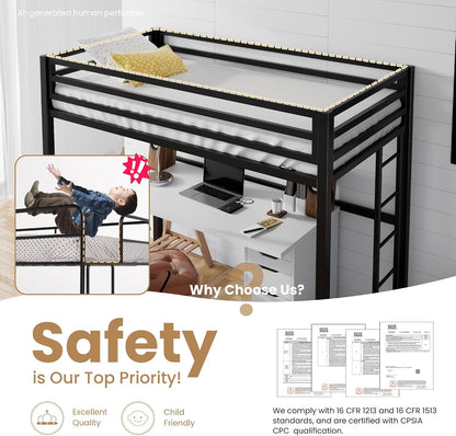 Loft Bed Twin Size with Ladder and Guardrail,Black5