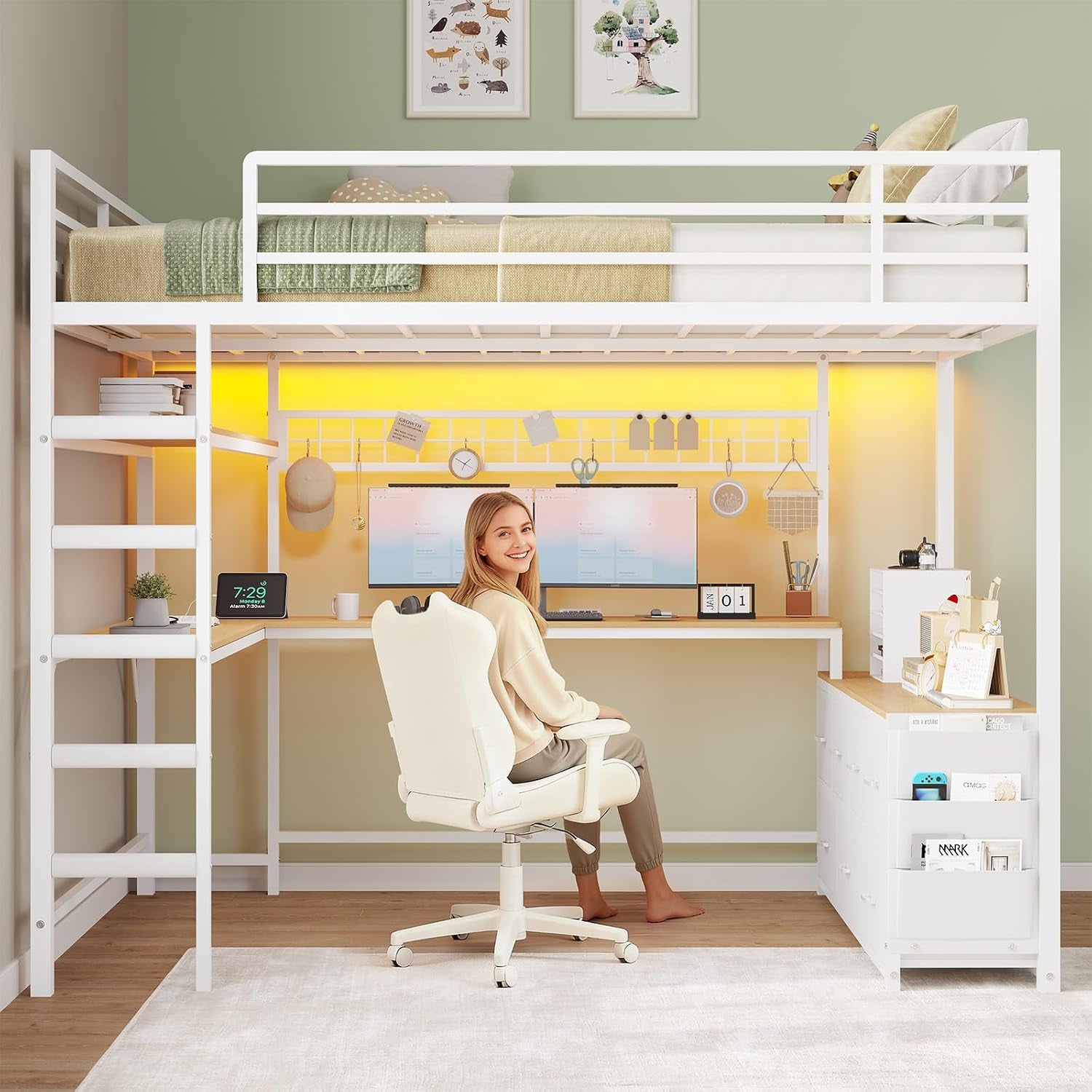 loft-bed-full-size-with-u-shaped-desk-7-storage-drawers-and-charging-station-metal-full-loft-bed-with-led-lights-and-2-tier-storage-shelves-loft-full-bed-with-safety-guardrail-and-ladders-white