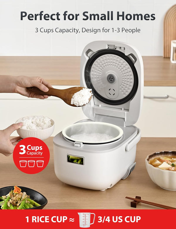 Mini Rice Cooker, 3 Cups Uncooked, for 1-3 People, Steamer and Warmer, Fuzzy Logic, One-Touch Cooking, 24-Hour Delay Timer, Auto Keep Warm, White2