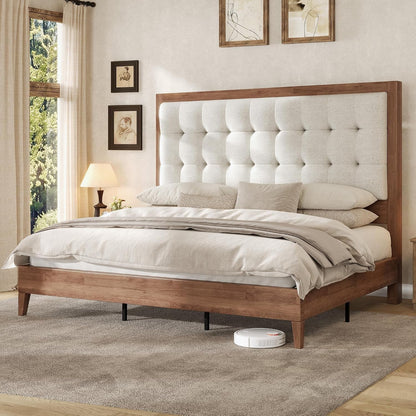 Solid Wood King Bed Frame 50.2" Upholstered Headboard, Walnut1