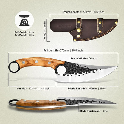 6 Inch Full Tang Forged Viking Chef Knife, 440A Steel Blade Olive Wood Handle with Leather Sheath for Home Cooking Camping BBQ Gift for Men2