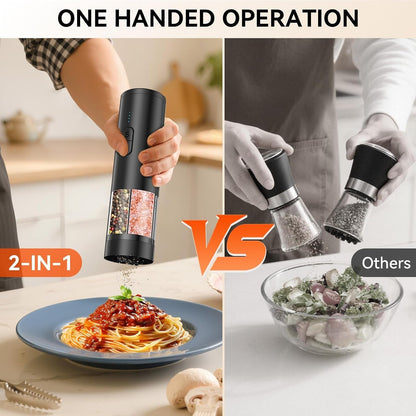 2 in 1 Electric Salt and Pepper Grinder Set, USB Rechargeable, Automatic Salt and Pepper Mill Shakers with Battery Display, LED Light, Adjustable Coarseness Ideal for Kitchen Gift(Black)3