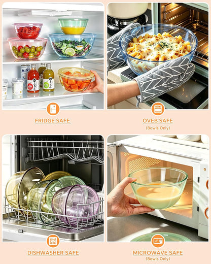5 Pack Glass Mixing Bowls with Lids Set(4.78Qt,2.2Qt,1.7Qt,1.1Qt,0.85Qt)4