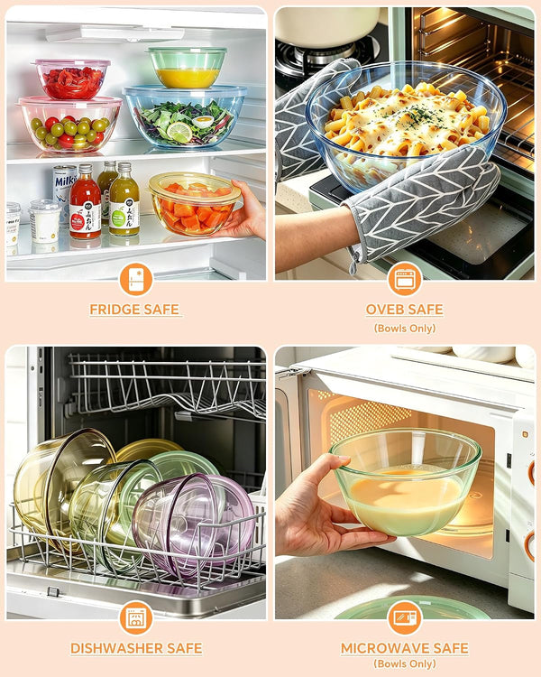 5 Pack Glass Mixing Bowls with Lids Set(4.78Qt,2.2Qt,1.7Qt,1.1Qt,0.85Qt)4