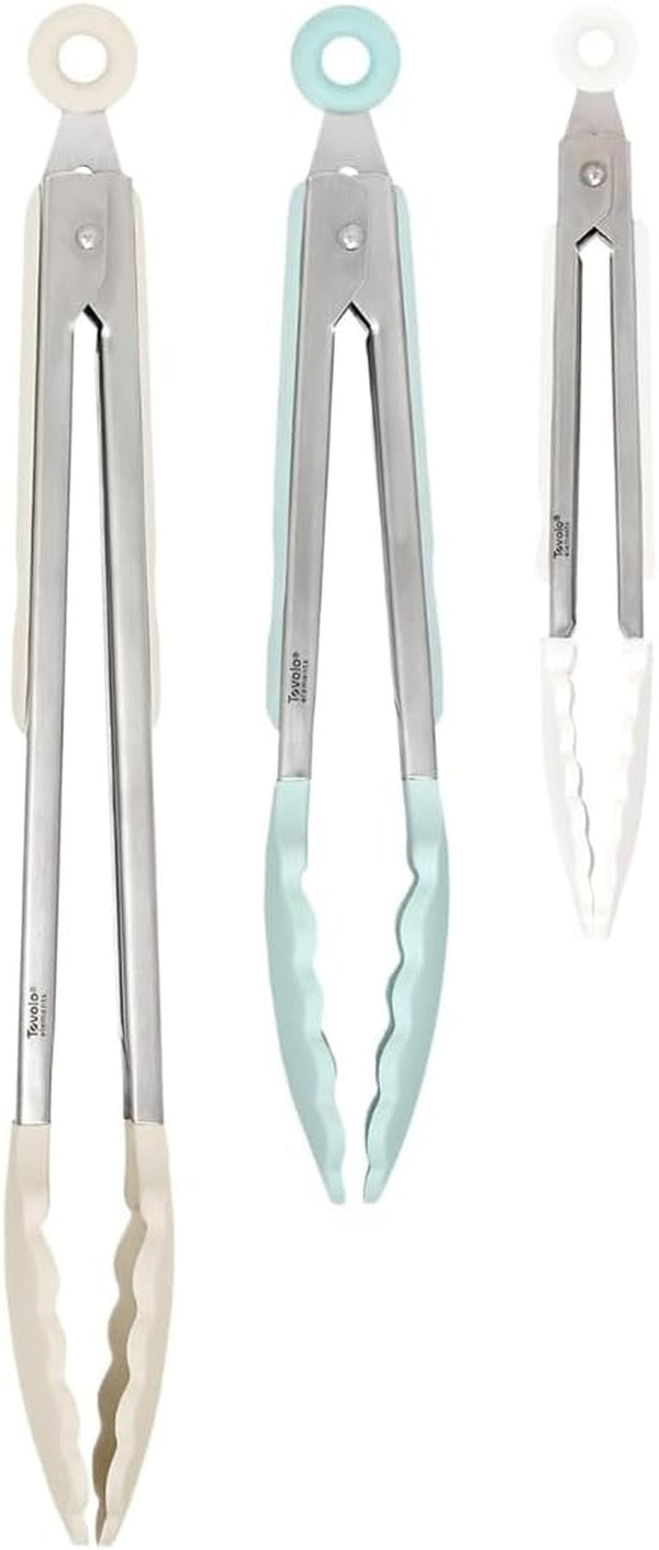 Stainless Steel Tongs with Silicone Tips Set of 3 Mini 7” 9” 12 Inch with Easy Lock Mechanism for Cooking Grilling Air Fryer Serving, Buttercream Blue Haze Oatmeal Heat Resistant Kitchen Tong1