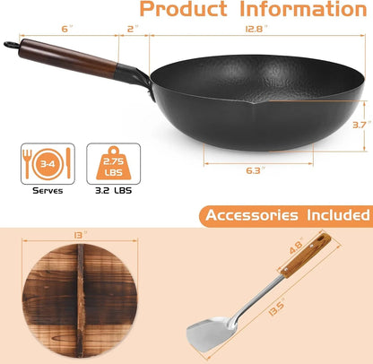 Hand Hammered Carbon Steel Wok, Wooden Lid Asian Spatula with Handle - Stir Fry Pan for Chinese, Japanese, and Cantonese Cuisine – Flat Bottom Wok Cooking by Cookeries / 2 Accessories3