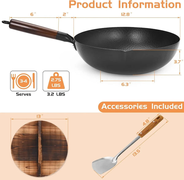 Hand Hammered Carbon Steel Wok, Wooden Lid Asian Spatula with Handle - Stir Fry Pan for Chinese, Japanese, and Cantonese Cuisine – Flat Bottom Wok Cooking by Cookeries / 2 Accessories3