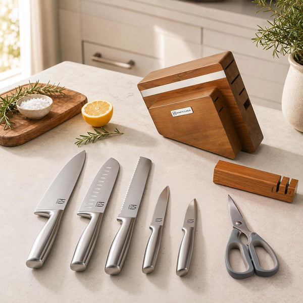 Kitchen Knife Set with Block and Detachable Sharpener | 8-Piece High Carbon Stainless Steel Knife Block Set, Fully Forged Blades & Compact Design9