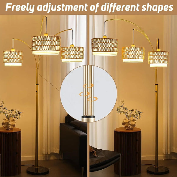80'' Gold Rattan Arc Floor Lamp for Living Room, 3-Light Boho Tree Lamp | Heavy Natural Marble Base, 1/2/3-Light Rotary Switch,Double-Layer Wicker/Fabric Shades for Reading Corners,8 Ft+ Ceilings7