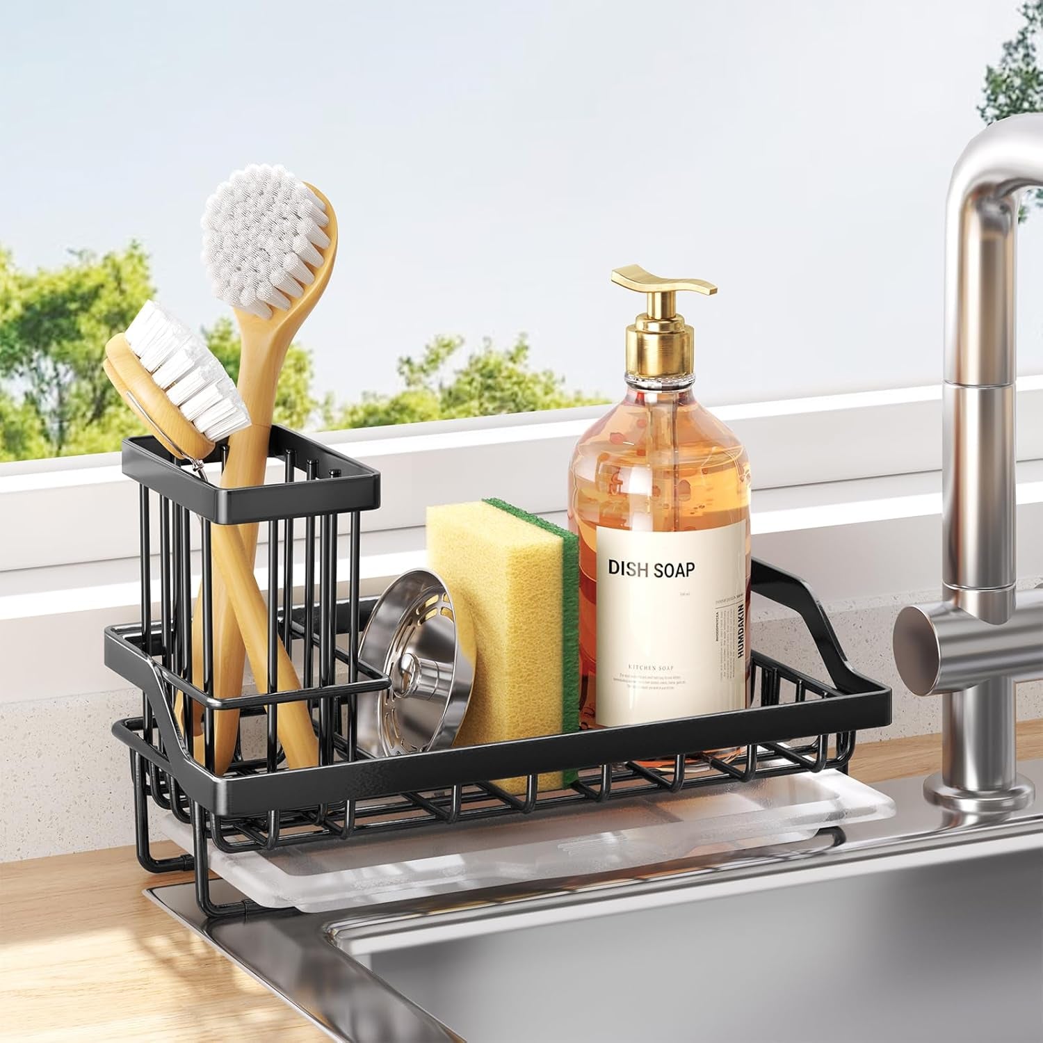 sponge-holder-for-kitchen-sink-kitchen-sink-caddy-organizer-with-removable-drip-tray-for-countertop-dish-soap-dispenser-brush-storage-accessories-304-stainless-steel-black