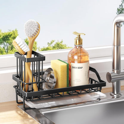 Sponge Holder for Kitchen Sink - Kitchen Sink Caddy Organizer with Removable Drip Tray for Countertop Dish Soap Dispenser Brush Storage Accessories 304 Stainless Steel - Black1