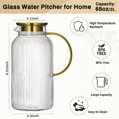2 PACK Glass Pitcher with Lid, 68 Oz Glass Carafe with Silicone Base | 2L Classic Vertical Stripes Glass Water Jug with Handle,Glass Water Carafe for Cold Brew,Milk, Iced Sun Tea,Beverage,Cold/Hot2