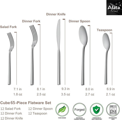 Cube 65-Piece Forged Stainless Steel Flatware Set Cutlery Set with Utensil-Serving Set, Silverware Set Service for 12, Mirror Finish, Dishwasher Safe4