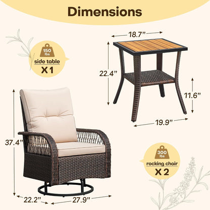 Patio Furniture Set Outdoor 3 Pieces Wicker Swivel Rocking Chairs7