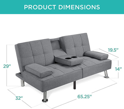 Linen Modern Folding Futon, Reclining Sofa Bed for Apartment, Dorm W/Removable Armrests, 2 Cupholders - Gray3