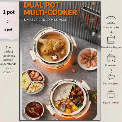 4.2Qt Electric Pressure Cooker & Smart Multi-Cooker, 10-In-1 Innovative 3-Compartment Rice Cooker, 1000W Hot Pot with 24H Timer, 70Kpa Fast Cooking, Non-Stick Inner Pots, Heat Preservation, 110V, White4