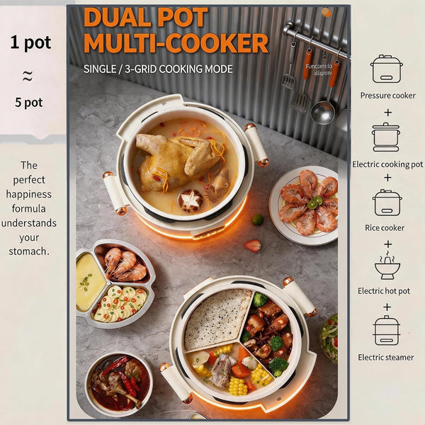 4.2Qt Electric Pressure Cooker & Smart Multi-Cooker, 10-In-1 Innovative 3-Compartment Rice Cooker, 1000W Hot Pot with 24H Timer, 70Kpa Fast Cooking, Non-Stick Inner Pots, Heat Preservation, 110V, White4