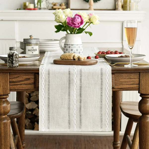 Beige Rustic Cotton Linen Table Runner, Seasonal Embroidered Hollow Kitchen Dining Table Decoration for Home Party Decor 13X72 Inch3