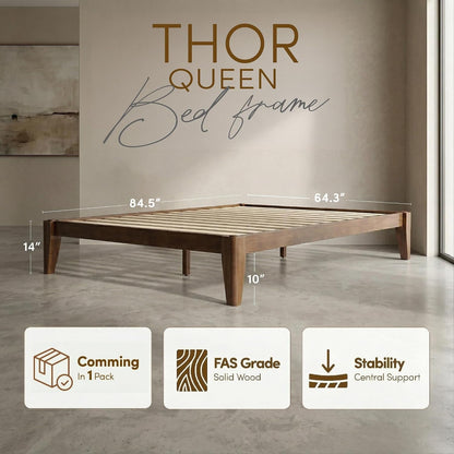 Thor Premium Solid Wood Bed Frame Queen, Japanese Joinery Bed Frame with Wood Slat Support, Platform Bed, No Box Spring Needed, Easy Assembly, Minimalist & Modern Style (Walnut)2