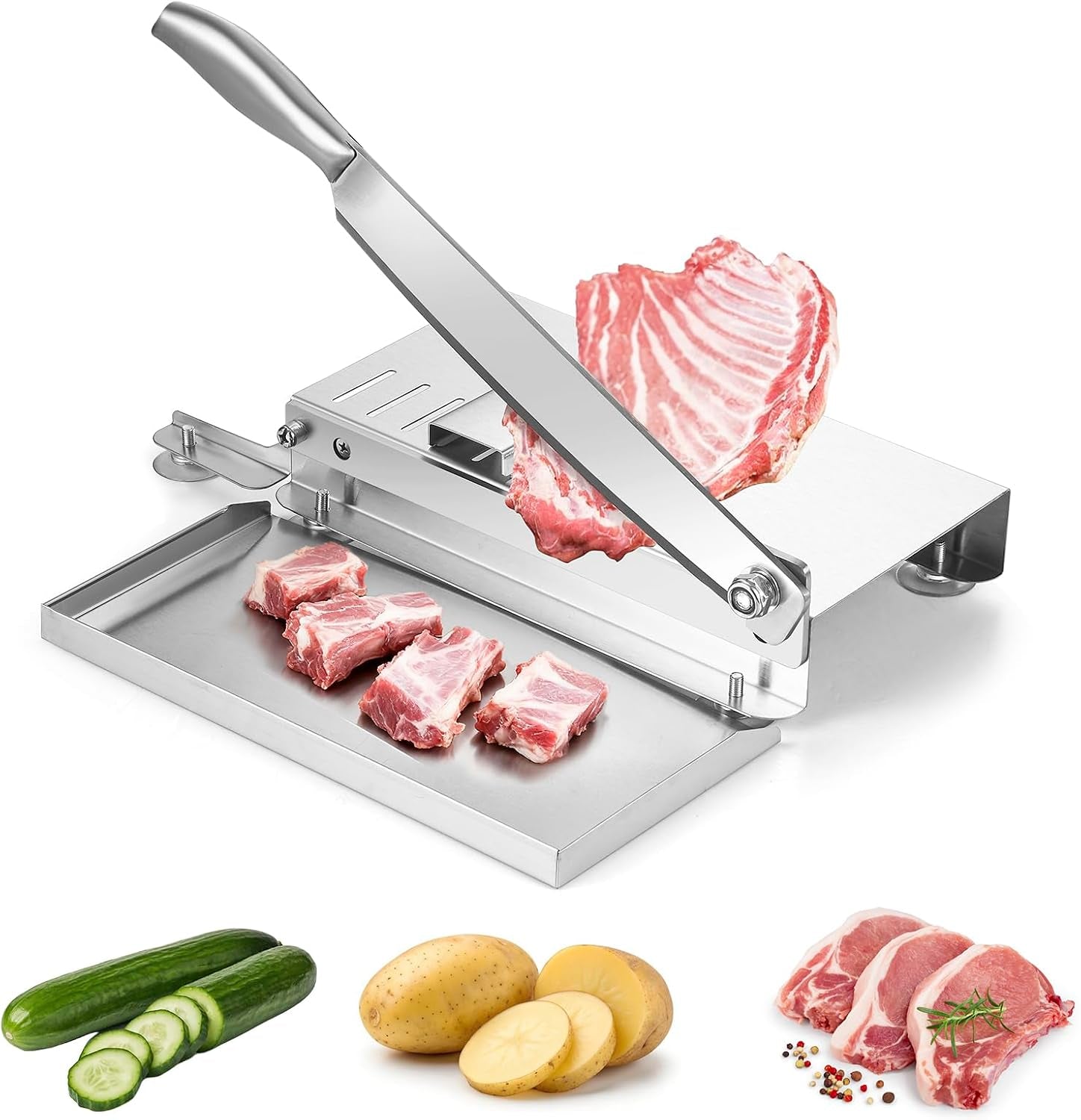 meat-bone-cutter-manual-meat-slicer-bone-cutting-knife-with-food-grade-stainless-steel-blade-and-food-catch-tray-beef-jerky-chicken-bone-cleaver-for-home-and-commercial-cooking-15-5-inches