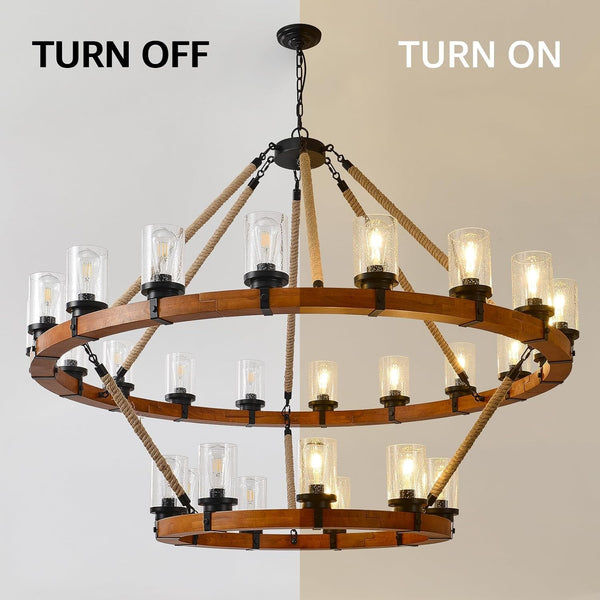 60" 2-Tier Wagon Wheel Chandelier 27-Light Extra Large Wood Chandeliers4