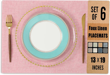 Univocolors Set of 6 Faux Linen Placemats, Heat-Resistant & Easy-To-Clean,13"X19"For Dining Table, Kitchen, Holiday Meals (Pink)1