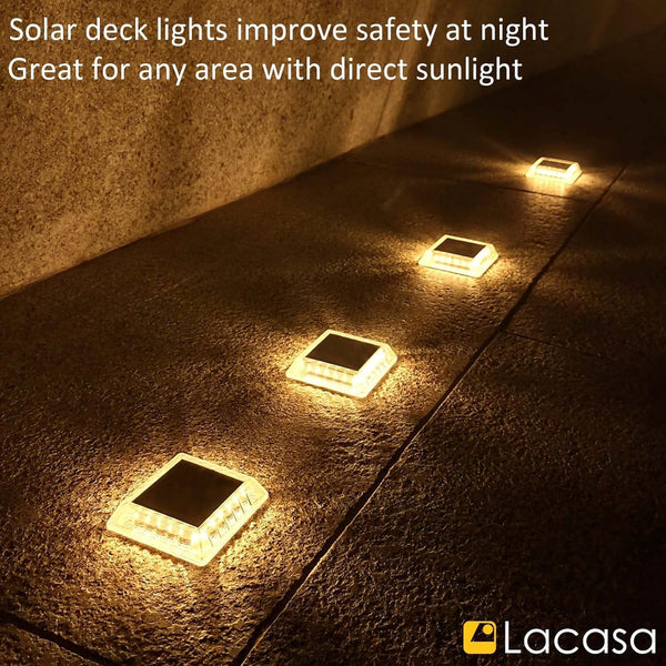 Solar Deck Lights, 4 Pack 30LM LED Dock Light Warm White 2700K, Outdoor Solar Powered Step Light up All Night IP68 Waterproof Auto On/Off for Garden Stairs Driveway Pathway8