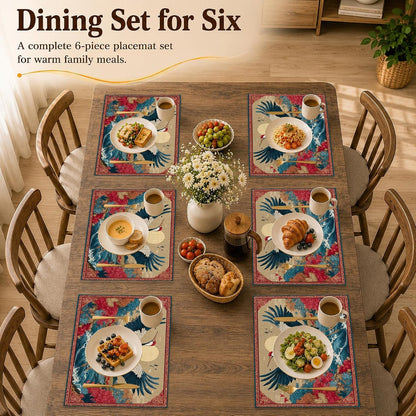 Place Mats Set of 6, Japanese Crane Ocean Wave Linen Table Mats 12 X 18 Inch, Washable Waterproof Stain Resistant Heat Resistant Placemats for Dining Table, Kitchen Dining Room Decor6