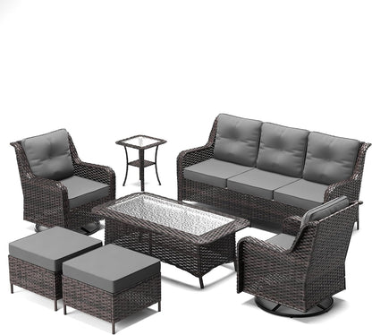 7 Pieces Patio Furniture Set,High Back Wicker Outdoor Sectional Furniture Set with Swivel Chairs & Coffee Table, Patio Conversation Set Thick Cushion for Backyard, Deck, Porch-Grey9