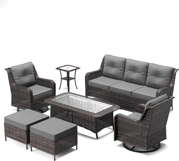 7 Pieces Patio Furniture Set,High Back Wicker Outdoor Sectional Furniture Set with Swivel Chairs & Coffee Table, Patio Conversation Set Thick Cushion for Backyard, Deck, Porch-Grey9