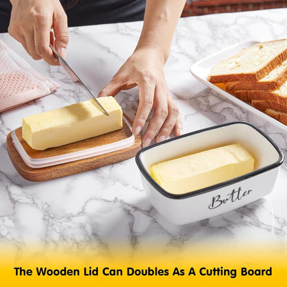 Butter Dish with Lid,  Large Ceramic Butter Dish for Countertop, Butter Keeper with Thick Acacia Wood Lid, Kitchen Decor and Accessories for Kitchen Gifts, White7