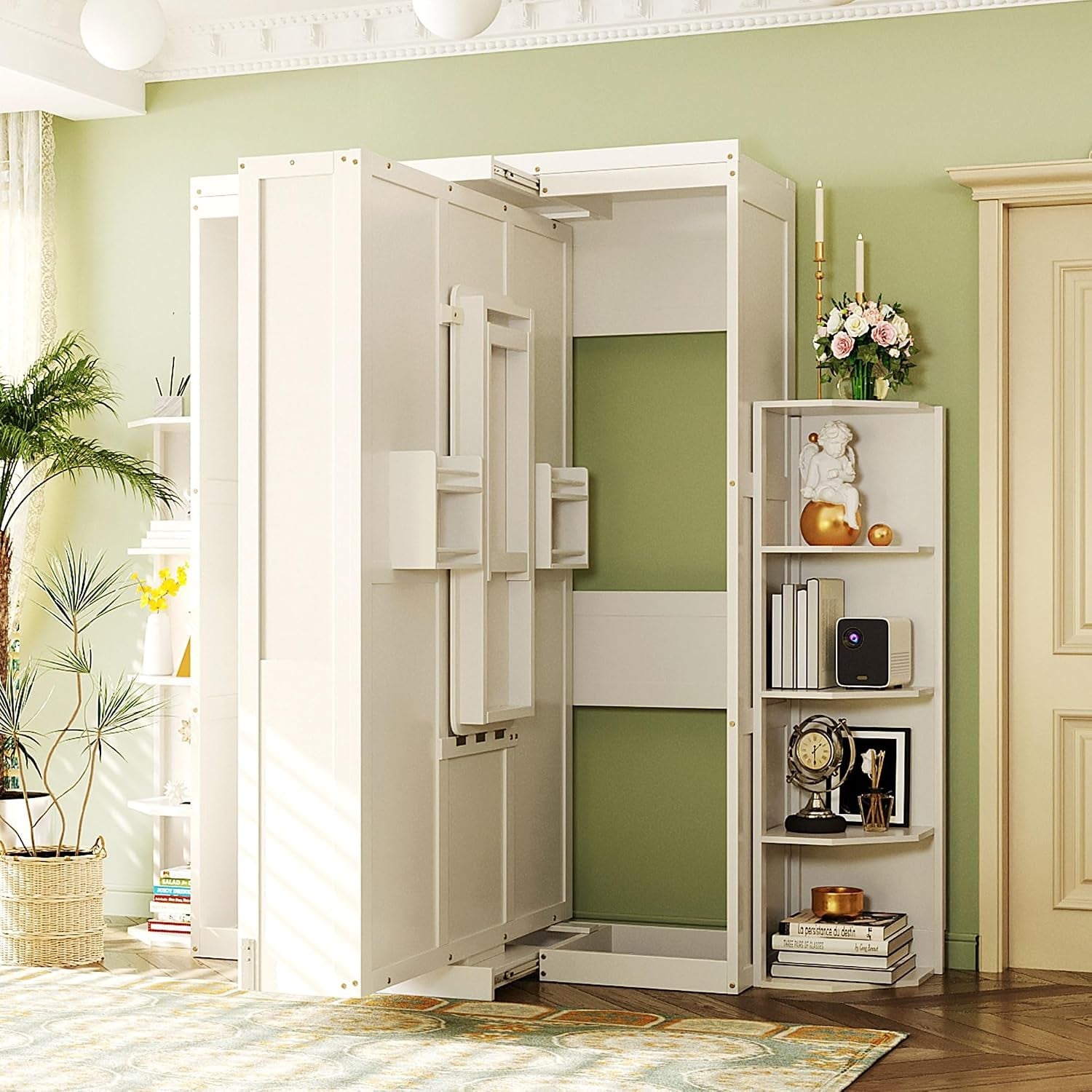 rotating-queen-murphy-bed-with-hidden-wall-cabinet-dual-3-tier-side-shelves-convertible-desk-white