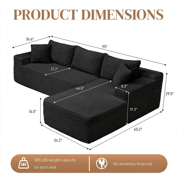 95" L Shaped Cloud Boneless Sectional Couches for Living Room, Modern Comfy Modular Deep Seat Memory Foam Compressed Corduroy Sofa Oversized Right Facing Chaise, No Assembly Required, Balck2