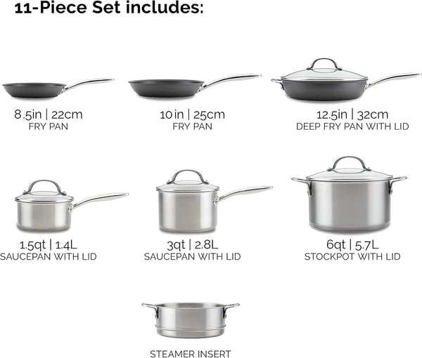70033 Professional Stainless Steel/Hard Anodized Nonstick Cookware Pots and Pans Set, 11 Piece - Gray and Silver11