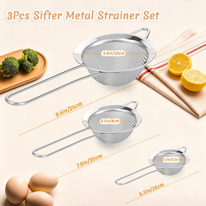3Pcs Fine Mesh Strainer with Handle, Small Sifter Strainers Set, Stainless Steel Sieve Colander for Kitchen Baking Juice Quinoa Food Flour3