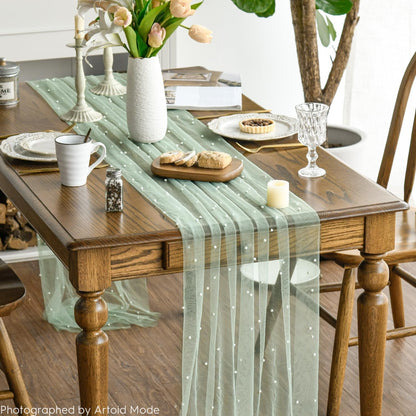 3PCS Pearl Grass Green Gauze Table Runner 120 Inch 10FT, Seasonal Sheer Dining Holiday Wedding Birthday Baby Shower Table Decor for Home Party2
