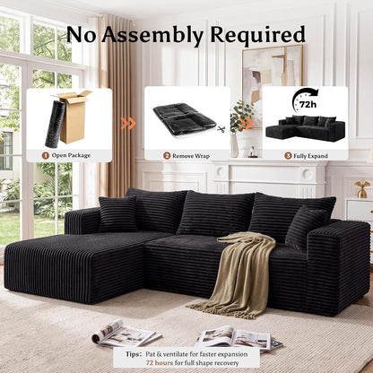 Boneless Couches for Living Room, L Shape Modular Sectional Sofa with Chaise, Corduroy Cloud Couch with Deep Seat, No Assembly Required, Black, Left Facing Chaise8