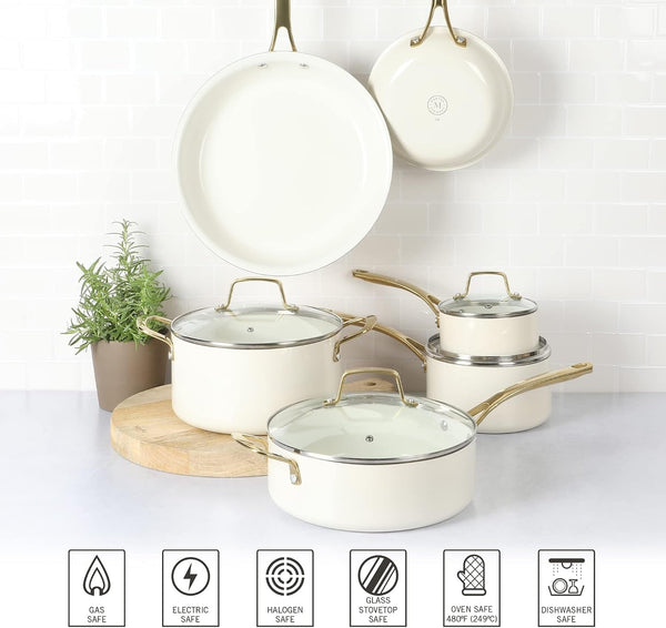 Lockton Premium Non Stick Non Toxic PFA Free Ceramic Interior 10 Piece Heavy Gauge Enamel Aluminum Pots and Pans Cookware Set - Linen White W/Gold Handle5