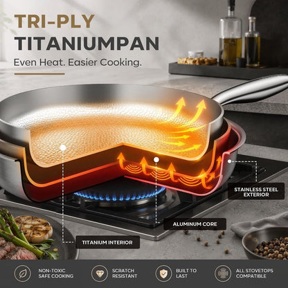 12" Titanium Pans for Cooking with Lid Hammered Chef-Grade Skillet | No Coating & Pfas-Free Healthy Cookware, Durable Non-Toxic Pan, Induction Compatible, Dishwasher & Oven Safe5