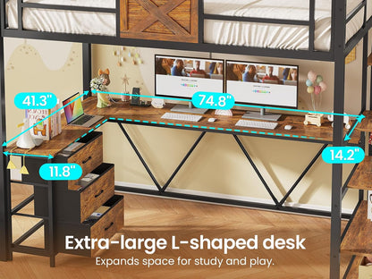 Stairway Twin Size Loft Bed with L Shaped Desk and Wardrobe, Metal Loft Bed Frame with Storage Stairs, 3 Fabric Drawers, LED Lights & Charging Sation (Rustic Brown, Twin)5